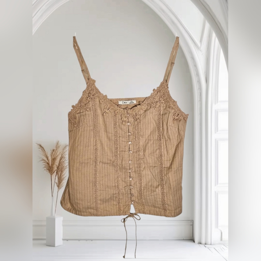 Dex Mocha Latte Embroidered Lace Button Up Boho Camisole Top- Sz-M